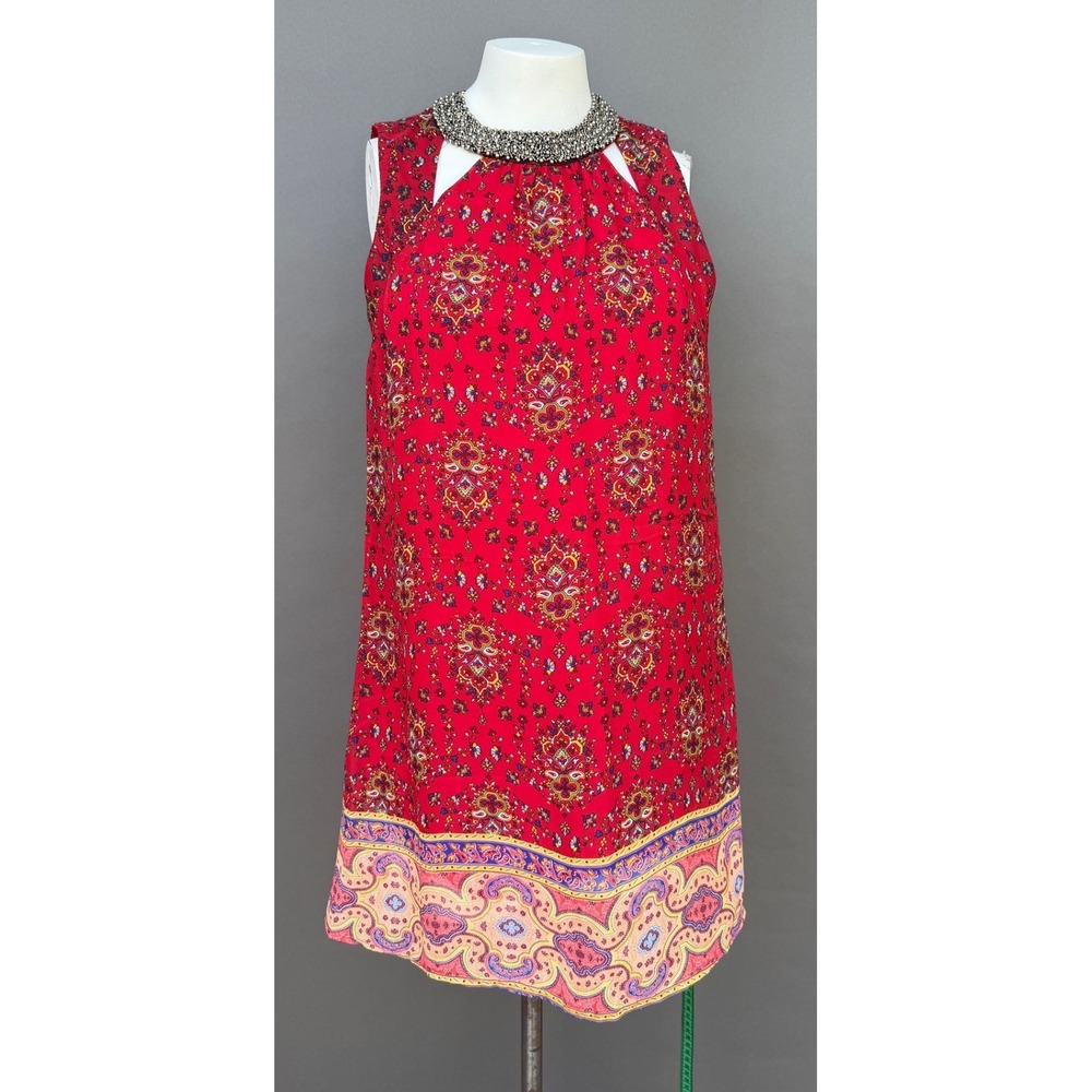 Speechless Red Paisley Dress Large Beaded Neck Boho Cutout Sleeveless NEW Large